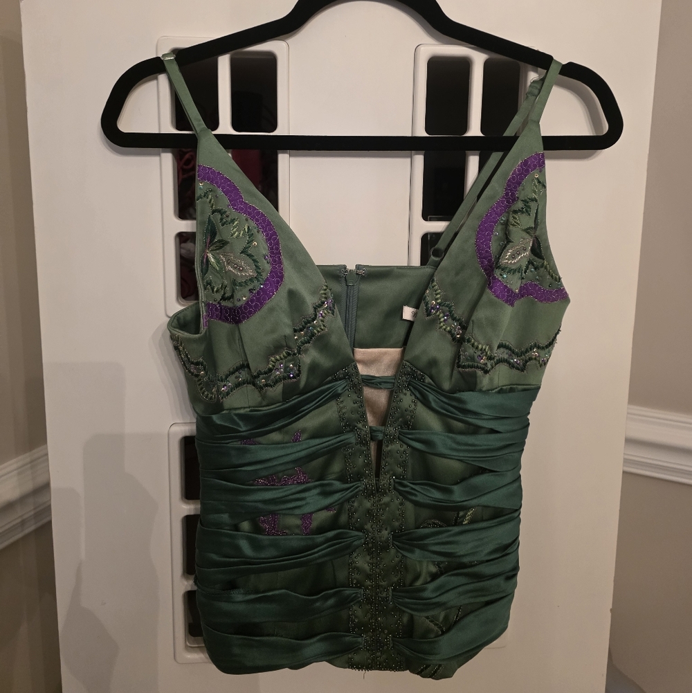 Green Embellished Satin Tank Top with Purple Accents